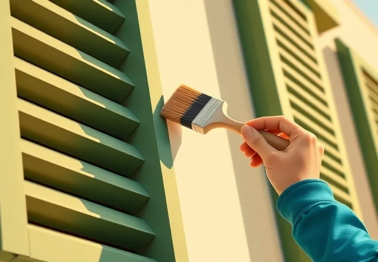 Mise en peinture au pinceau de volets et d'encadrements en bois