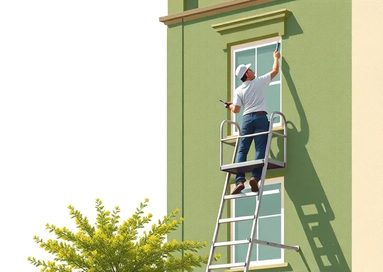 Peintre sur échafaudage traitant la façade d'une maison